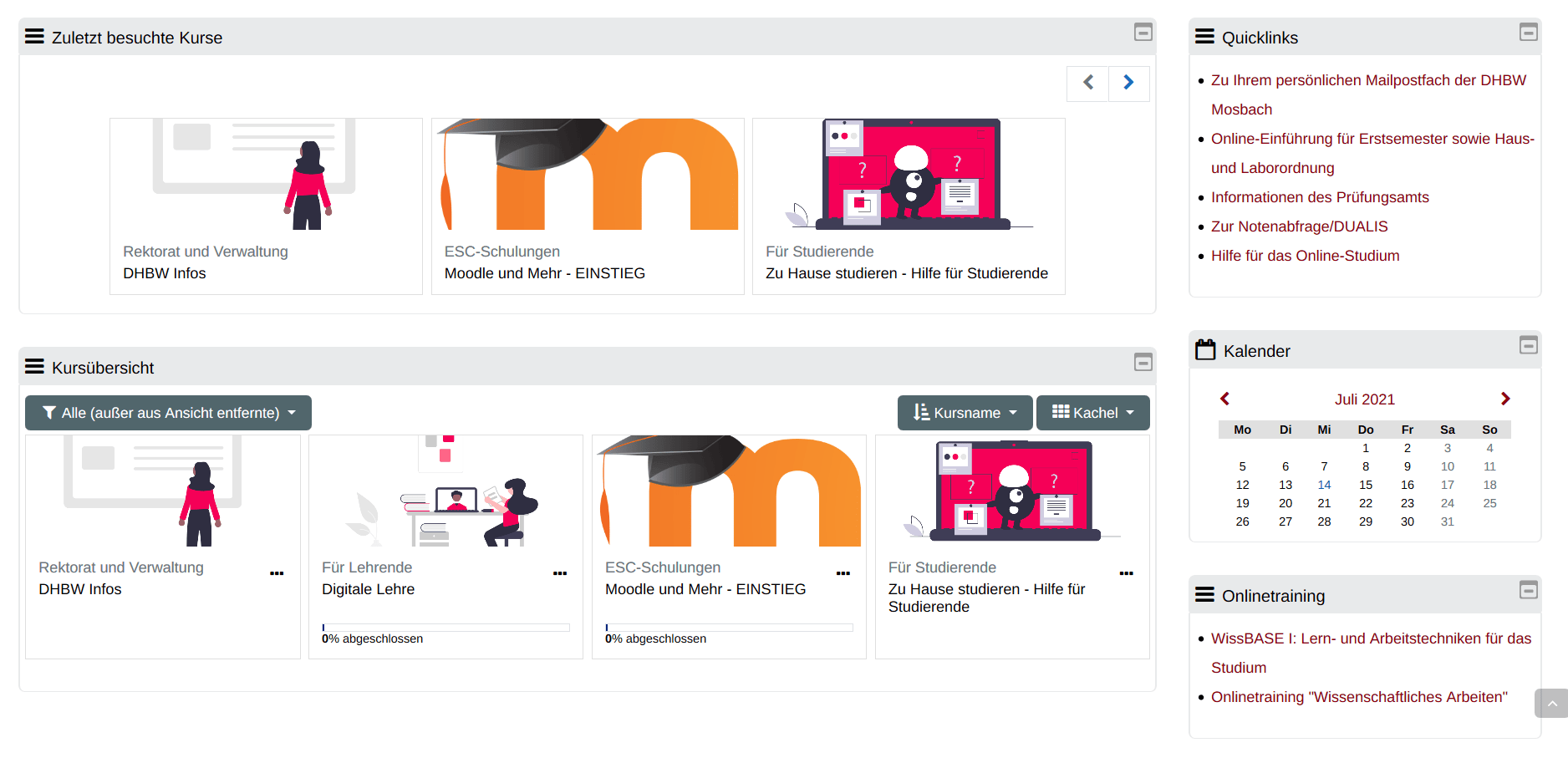 Ein Screenshot des neuen Moodle 3.9. Groß ist ein Block "zuletz besuchte Kurse" mit den entsprechenden Kacheln zu sehen. Darunter ist der Block "Kursübersicht" zu sehen. Auch hier gibt es Kacheln zu den entsprchenden Kursen. Rechts daneben sind drei kleinere Blöcke. Der Oberste Block darunter ist der Block "Quichklinks" darunter ist ein Block mit einem Kalender. Darunter ist ein Block mit Links zu Onlinetrainings.