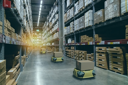 Roboter transportieren Pakete durch ein Lager