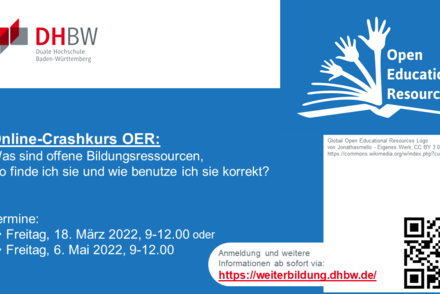 Auf dem Bild ist der Name der Schulung Online-"Crashkurs OER: Was sind offene Bildungsressourcen, wo finde ich sie und wie benutze ich sie korrekt?" sowie die Termine zu sehen. Rechts oben ist das OER - Logo zu sehen, rechts unten befindet sich ein QR-Code
