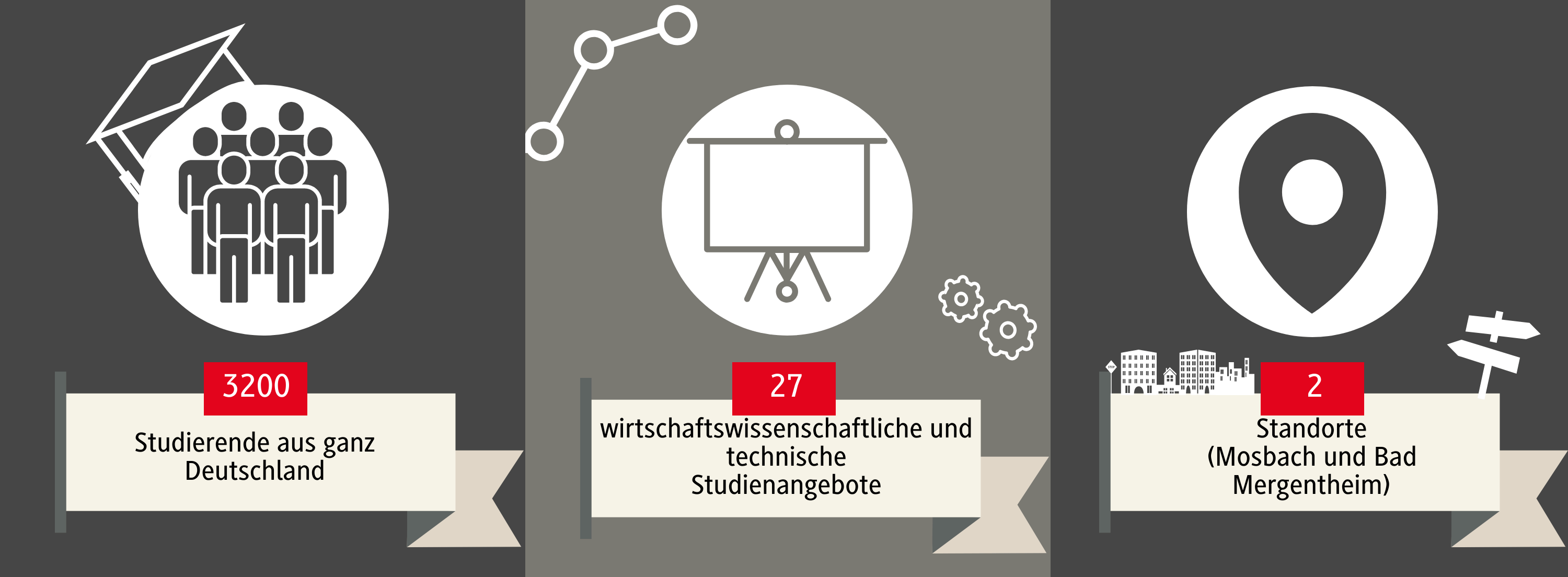 3600 Studierende, 27 Studienangebote in Wirtschaft und Technik, 2 Standoret (Mosbach und Bad Mergentheim)