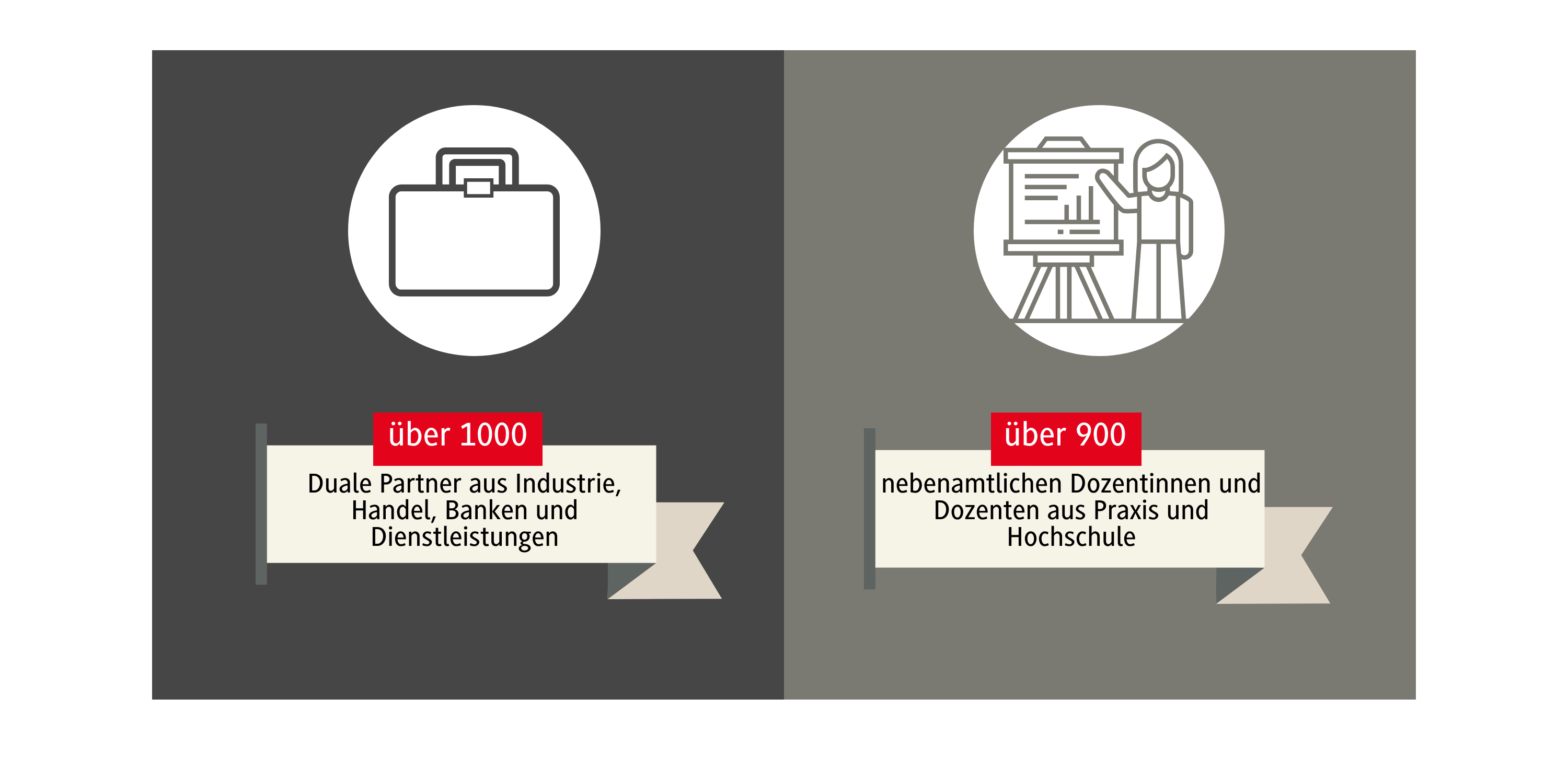 über 1000 Unternehmen aus Industrie, Handel, Dienstleistungs- und Bankensektor als Ausbildungspartner, über 900 Lehrbauftragte aus der Praxis und Hochschule