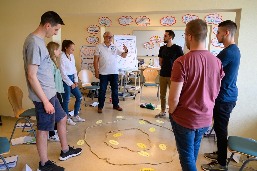 Studierende stehen im Kreis. In der Mitte liegen verschiedene Zettel und eine lange schneckenmäßig angeordnete Schnurr auf dem Boden. Im Hintergrund hängen weiße beschriftete Zettel an einer gelben Wand.