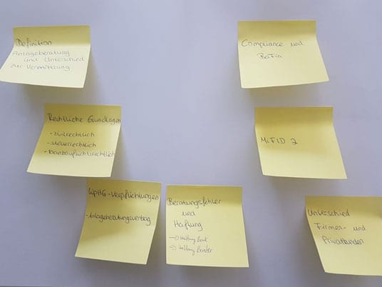 Sieben gelbe Post-It Zettel kleben an einem weißen Hintergrund.